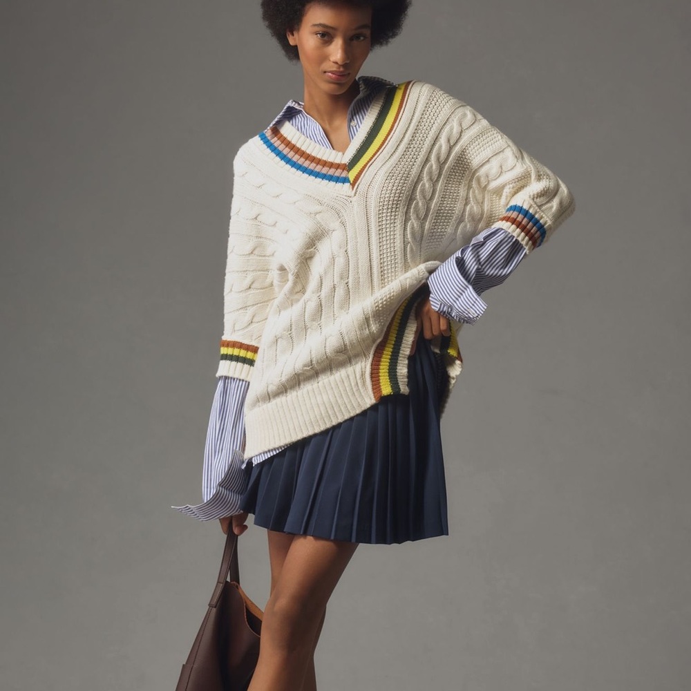 Anthropologie Maeve Collegiate V Neck Twofer Sweater NWT Size L - Picture 2 of 15